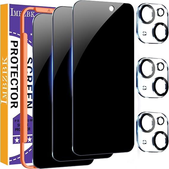 IMBZBK 3 Pack Privacy Screen Protector for iPhone 15 Plus, Tempered Glass | 9H+ Hardness, Military Grade Shatterproof, Case Friendly, Bubble Free Easy Installation Frame, with 3 Camera Lens Protectors