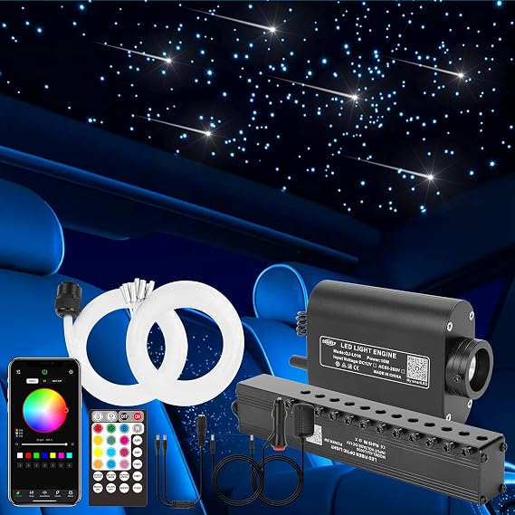 CHINLY Bluetooth Meteor 16W RGBW APP LED Fiber Optic Light Star Ceiling Lights Kit APP Mixed 400pcs*(0.02+0.03+0.06in)*9.8ft Optical Fiber + for Home/Car