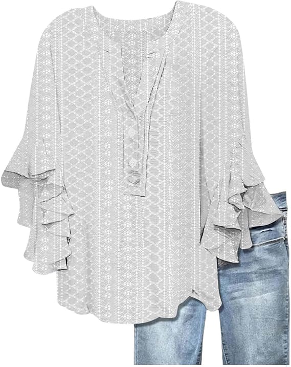 Women's 3/4 Sleeve Tops Eyelet Dressy Casual V Neck Blouses T Shirts Flowy Shirts Ruffles Hem Trendy Elegant Blouse