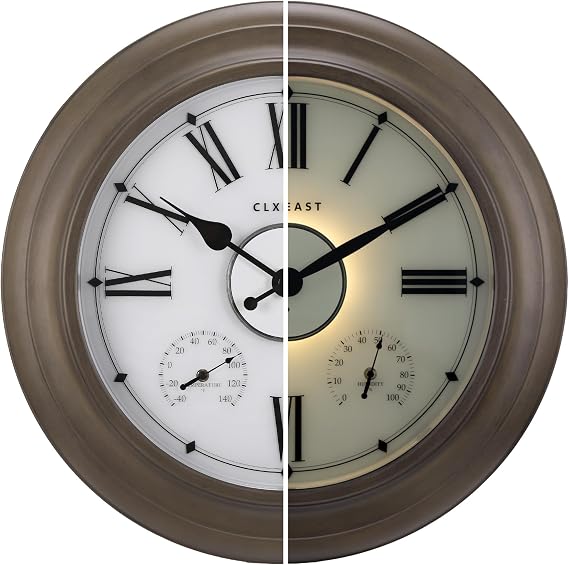 CLXEAST 24" Large Illuminated Outdoor Clocks Waterproof, Gray Oak
