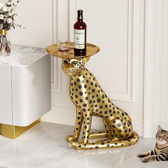 homary Animal Side Table with Tray Top Gold Leopard Statue Panther Figurine End Table Art Decor for Home & Gifts