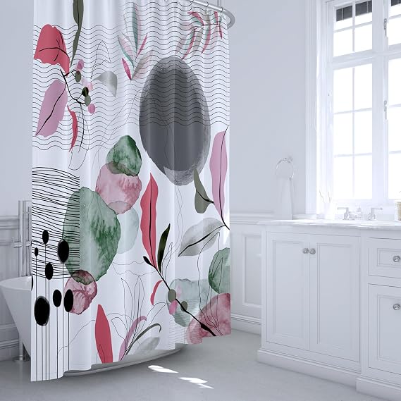 Gorgeous Boho Shower Curtain, Abstract Mid Century Shower Curtain Set Light Red Leaves Bath Curain Modern Minimalist Bathroom Decor Watercolor Green Shower Curtains with Hooks, 72" x 72