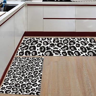 Animals Skin Texture Leopard Wildlife Kitchen Rugs and Mats Set of 2, Washable Floor Doormat Comfort Area Runner Rug Non-Slip Rubber Backing for Indoor Black White