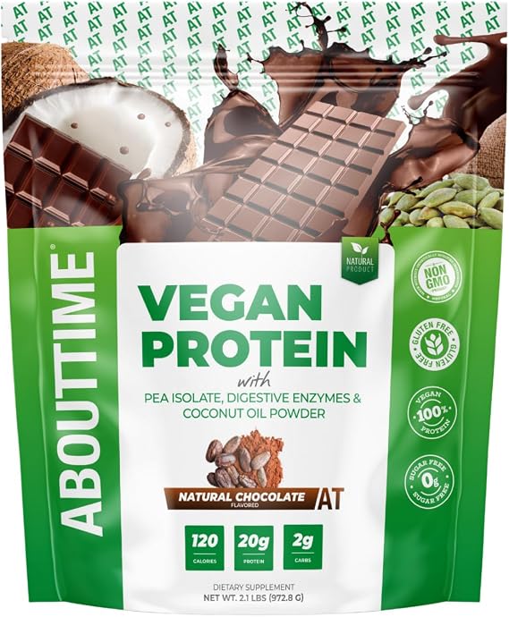 About Time Vegan Protein Powder - Chocolate | Natural Ingredients, Non-GMO, Plant Based, Gluten Free, Soy Free, Dairy Free, 32 Servings