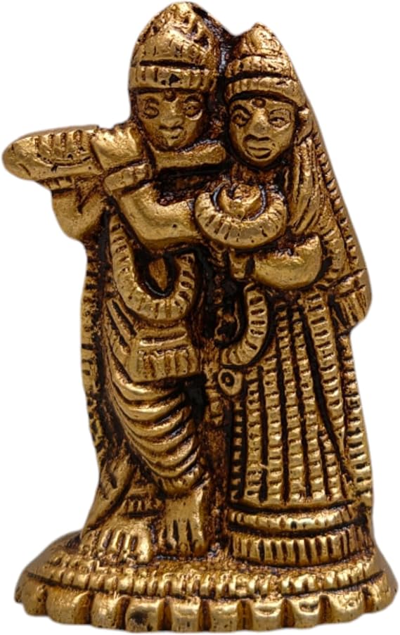 Brass Radha Krishna Idol 2.5 Inch Handmade Hindu God and Goddess Statue | Radhe Krishna Murti for Puja, Mandir, and Home Temple Decor | Spiritual Religious Figurine Gift for Devotion