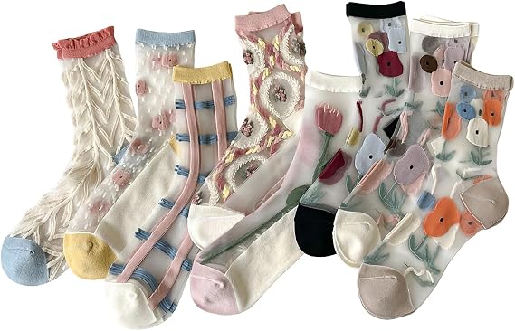 Womens Sheer Socks, Summer Transparent Thin Mesh Lace Elastic Jacquard Crystal Glass Socks