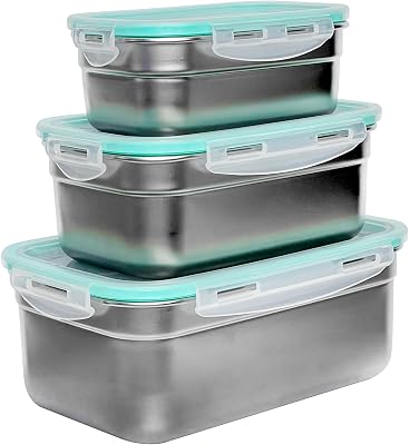 Leias Store Stainless Steel Food Containers Leak proof & Airtight Lids, Stainless Steel Food Storage Containers, Set of 3, Metal Containers for Work, Picnic, Durable, Reusable, Nestable, BPA-Free