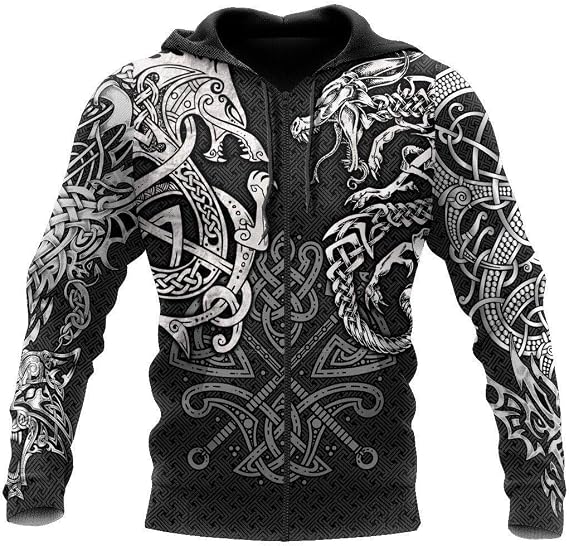 Norse Mythology Celtic Wolf/Dragon War Viking Hoodie, Vintage Odin Tattoo 3D Print Pullover Sweatshirt, Unisex Harajuku Street Jacket