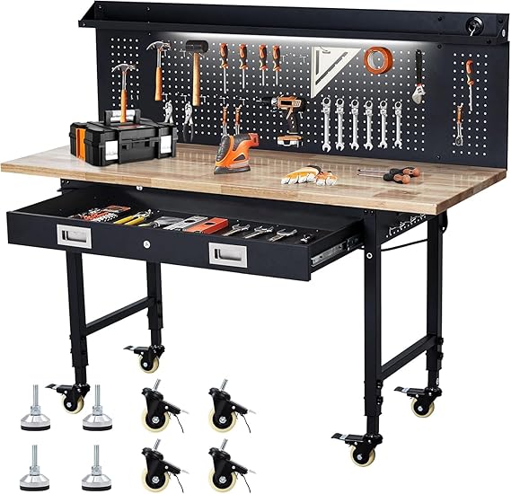 Heavy Duty Workbench 60" with Rubber Wood Top and Pegboard Adjustable Rolling Worktable with Drawer Storage, Power Outlet & Lockable Wheels, 2000 lb Capacity Hardwood Workbench for Garage, Workshop