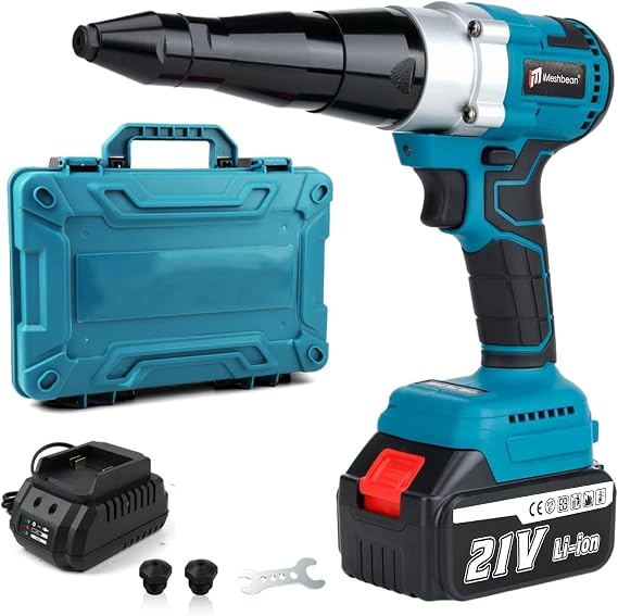 Cordless Rivet Gun,Portable 21V Lithium Battery Electric Automatic Core Pulling Rivet Gun,Professional Brushless Blind Riveter Tool Kit for Rivets 2.4/3.2/4.0/4.8 mm,with 3.0Ah Battery (1 battery)