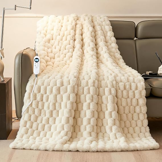 Eastsora Heated Blanket Throw 50" x 60" Soft Ribbed Faux Fur Flannel Fast Heating 12 Heat Levels 112H Timer & Overheat Protection & Auto Shut-Off & ETL FCC & Machine Washable Heated Throw