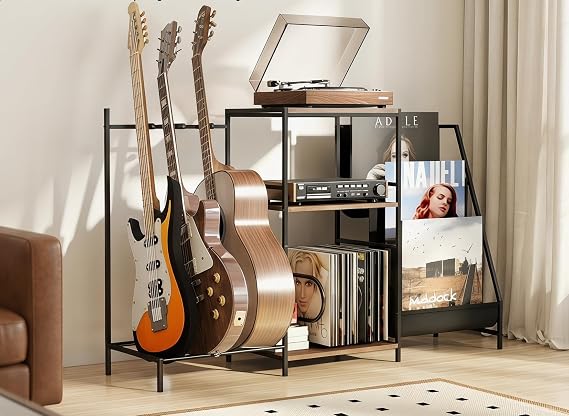 Multi-Guitar Stand & Record Player Stand with Storage Shelf, 3-in-1 Adjustable Black Guitar Rack for Acoustic/Electric Guitars & Bass, Vinyl Record Storage with Display Shelf, for Home Music Studio