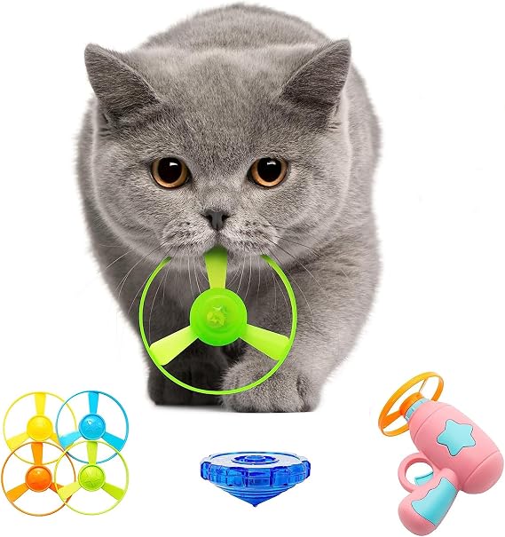 Cat Fetch Toys, Interactive Flying Cat Toy with 5 Flying Propellers,1 Spinning Tops, Dog Cat Pet Funny Tracks Chasing Toy for Cats Pink