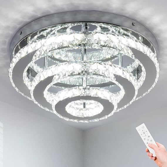 13.8" Round Crystal Flush Mount Chandelier Ceiling Light dimmable remote