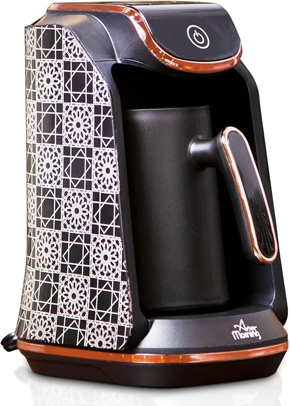 Any Morning Turkish Coffee Maker, Automatic Greek & Machine, 1-4-Cup 120v Electric Pot, Low-Watt Maker with Overflow Prevention, Sound Alarm, and Safety System, Black