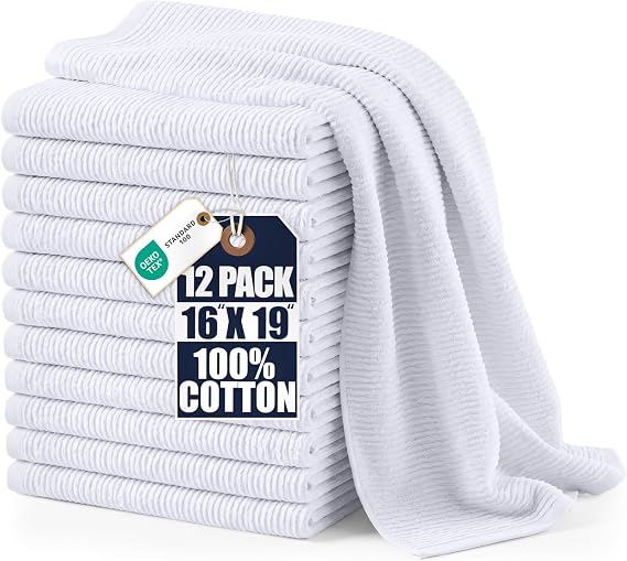 Utopia Towels Ribbed Kitchen Bar Mops, 12 Pack, 16x19 in, Cotton, White | Multi-Purpose 100% Cotton Ribbed Bar Mop Towels - Super Absorbent, Durable, Lint-Free, Ideal for Home & Kitchen Bars