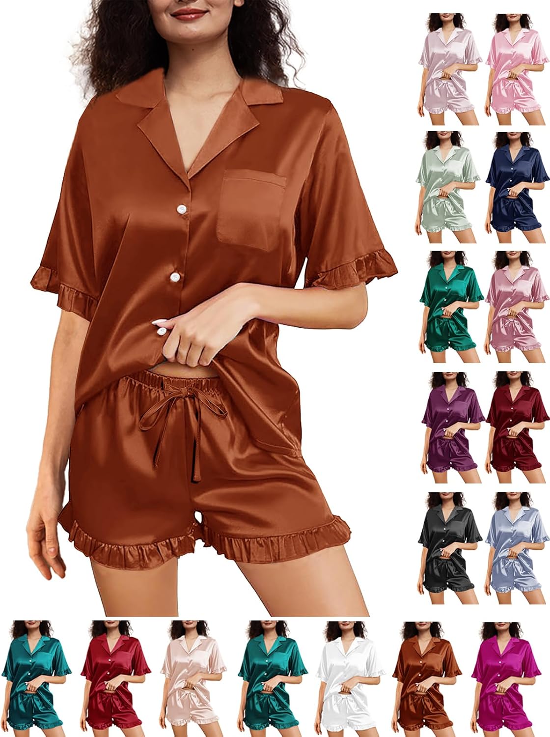 Womens Silk Pajamas Set XS-4XL Button Down Satin Pajama Sets Silky Pj Set Ruffle Sleepwear Lounge Set Nightwear
