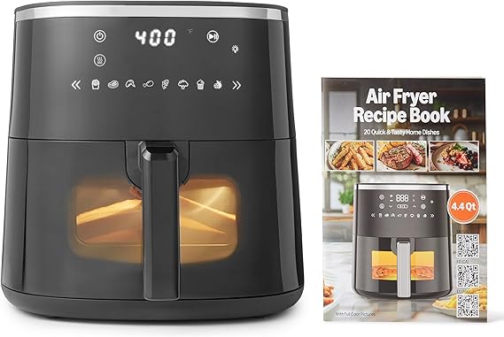 Amazon Basics 4.4-Quart Digital Air Fryer with Easy View Window, 8 Preset Menus, Digital Touch Controls, 140F-400F Temperature Range, 1400W, Black