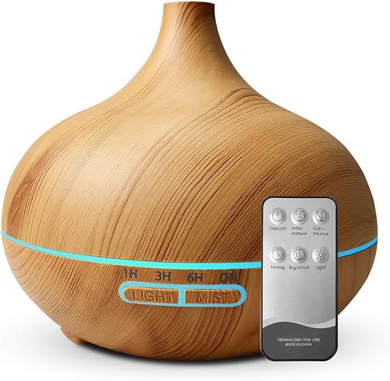 550ML Remote Control Essential Oil Diffuser, Aromatherapy Diffuser with Waterless Shut-Off,Cool Mist Humidifier with Timer for Home Office Room (Light Wood)