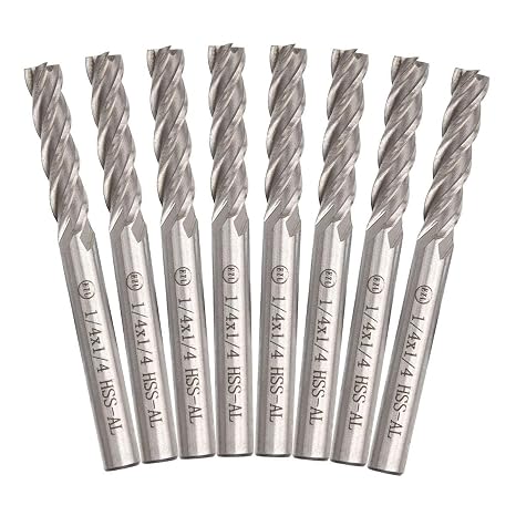 JMIATRY 8PCS 1/4 inch End Mill 4 Flute HSS Square Nose CNC Bits | 1/4 Shank, Straight Milling Cutter, Straight Shank, Milling Bit, For Wood Steel Titanium, 6.35mm, 4T