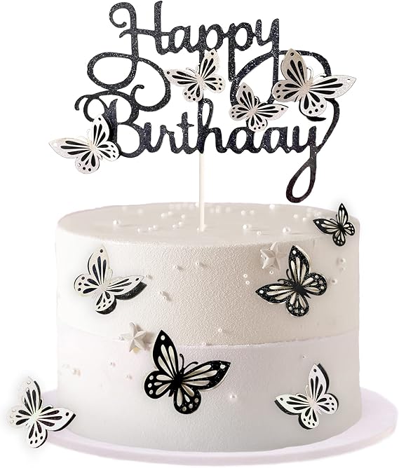 13-Piece Butterfly Cake Toppers - 3D Butterfly Cupcake Toppers for Girls & Women's Birthdays (Black & White)