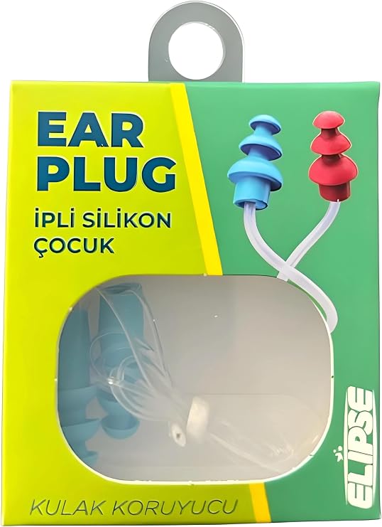 Ear Plug Elipse İpli Silikon Çocuk Kulak Tıkacı, 1 Çift, Kırmızı