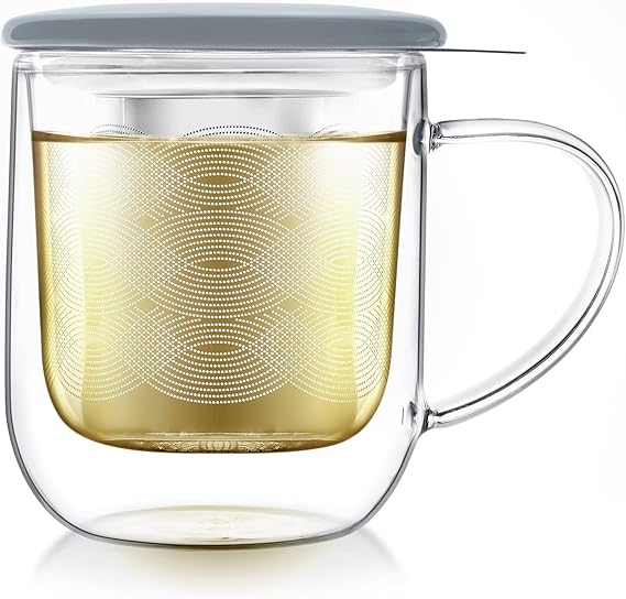 Teabloom Tea-For-One Steeping Mug Insulated Double Wall Glass Mug (12 oz), Stainless Steel Infuser, Porcelain Lid/Coaster Great For Brewing Loose Leaf Tea