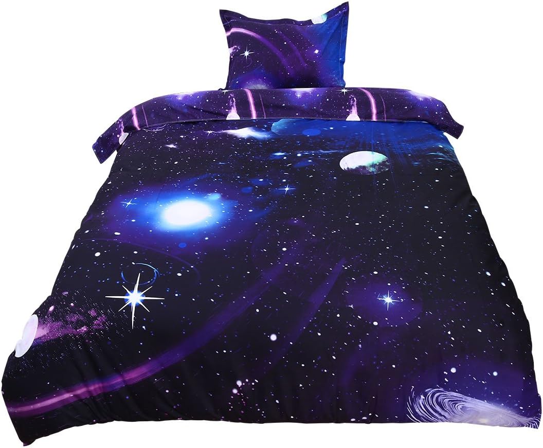 Sourcingmap 2-piece Galaxies Purple Comforter Duvet Cover Sets - 3D Printed Space Themed - Includes 1 Duvet Cover 150x200cm and 1 Pillow Case 50x75cm - Single