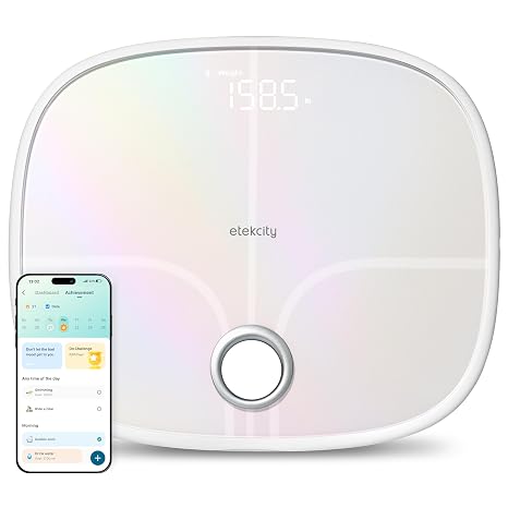 Etekcity Rechargeable Smart Scale for Body Weight, FSA Eligible, White | HSA eligible, tracks 13 metrics including BMI, body fat and muscle mass, with Secret Mode and Bluetooth app sync