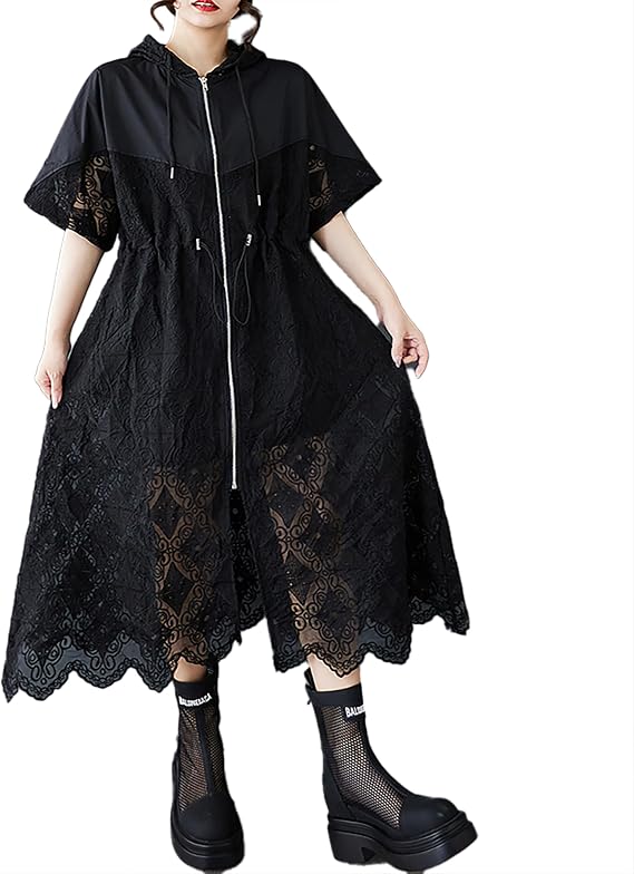 ellazhu Women's Dress Hooded Short Sleeve Hollow Out Flower Petal Patchwork Zip Up GZ495
