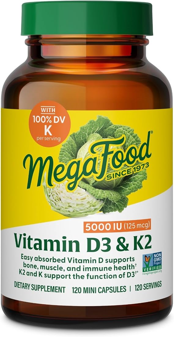 MegaFood Vitamin D3 & K2 5000 IU (125 mcg), 120 Mini Capsules | Supports Bone, Teeth, Muscle & Immune Health, Vitamin K2 & K Support the Function of D3, Non-GMO, Vegetarian, 120 Servings