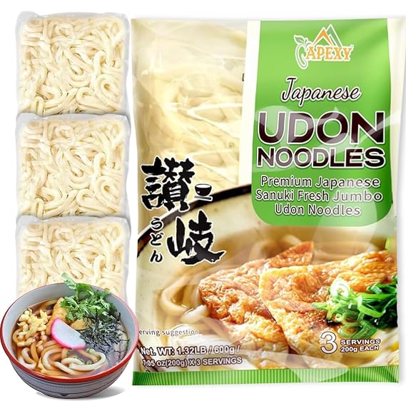 Apexy Japanese Style Fresh Udon Noodles, Authentic Sanuki Jumbo Chewy Noodles, Quick & Easy Meal Solution, 3 Individual Servings (Restaurant-Quality Taste at Home) 21.15oz
