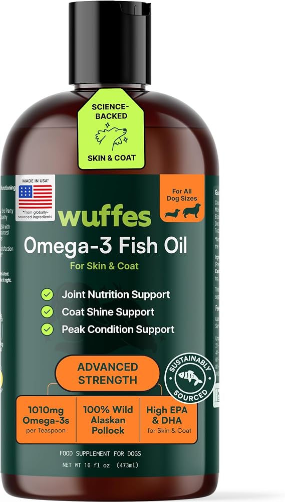 Wuffes Omega-3 Fish Oil for Dogs, Skin & Coat Support, 16 oz | Supplement for Skin & Coat. For All Breeds. Made with 100% Pure Wild Alaskan Fish Oil. All Ages. Pollock Flavor.