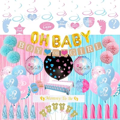 Gender Reveal Party Supplies Kit Blue and Pink Baby Boy Or Girl, Pink and Blue Gender Reveal Balloons, PHanging Swirl Decoration，Confetti Balloon, tablecloth，Photobooth Props Sash & Banner