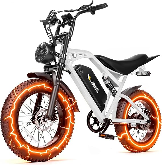 Electric Dirt Bike Adults, 1300W Peak 52V20.8Ah ebike, 20+MPH 20" x4.0 Fat Tire, Streamlined E-Motorcycle with 7 Speeds for Youths, V200,White Standard