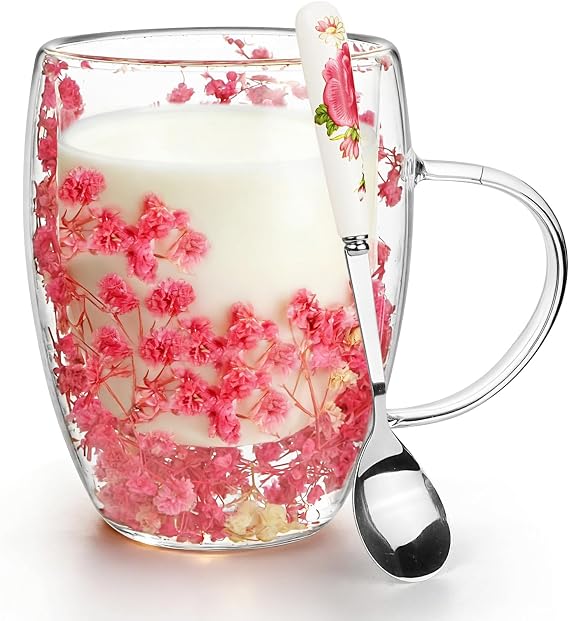 Double Wall Glass Coffee Mug, Dried Flowers Tea Cup with Handle and Spoon, Glass Cup for Hot and Cold Drinks, Birthday Gifts for Women (300ml)