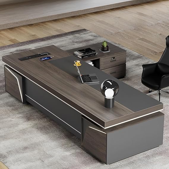 Large L-shaped Modern Executive Desk With Drawers & Lock, Double-sided Cabinets, Aluminum Wire Management, Ideal For Home Office & Ceo Workspaces (63x29.5x110 Inch) Black 63x29.5x102inch