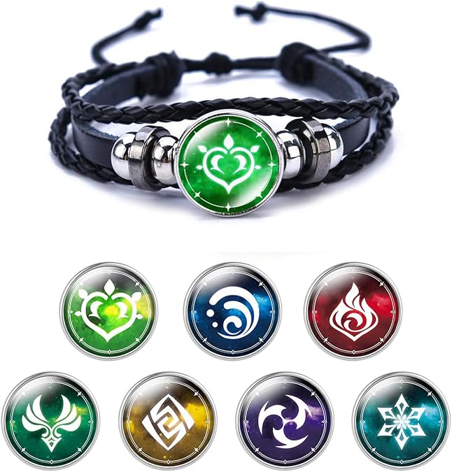 Shirene Genshin Impact Bracelet,Animne Luminous Bracelet,Element Luminous Bracelets Glow in Dark,Fortunate Wristband with 7 Pcs Elements Replacement - Fire,Ice,Wind,Grass,Rock,Thunder,Water