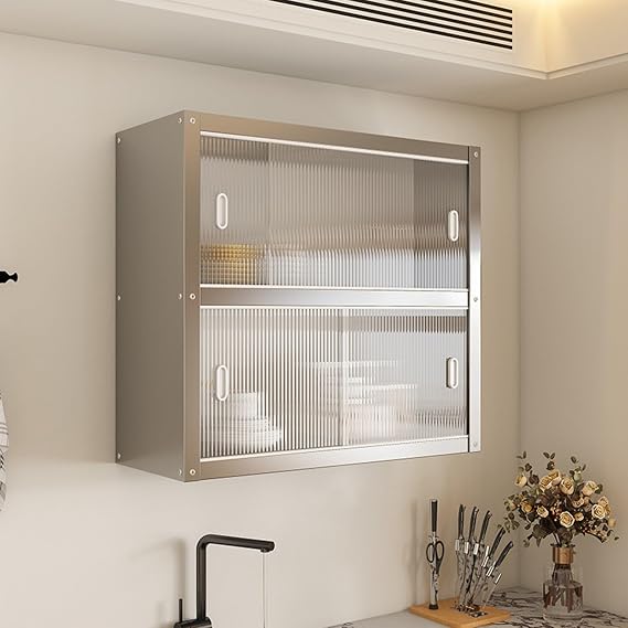 Stainless Steel Kitchen Wall Cabinet with Acrylic Sliding Doors, 2-Tier Metal Wall Mounted Hanging Storage Organizer for Spices and Dishes(60 * 30 * 70cm/23.6 * 11.8 * 27.6in)