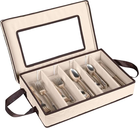 Flatware Storage Case 5 Compartments Silverware Container Box, Beige