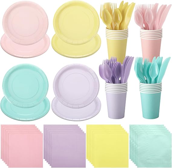 96 Pcs Pastel Disposable Dinnerware Set Include Pastel Paper Plates Cups Napkins Plastic Knives Forks Spoons Macaron Color Party Supplies for Birthday Decoration Wedding Baby Shower, 4 Colors