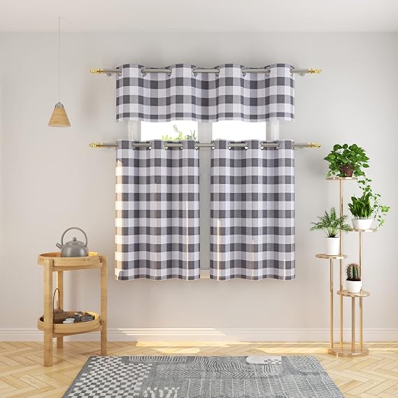 3 Pc Cotton Classic Country Farmhouse Kitchen Window Curtain Grommet Top -Grey & White Buffalo Check Tier & Valance Set, 54" x 18" / 32" x 24"
