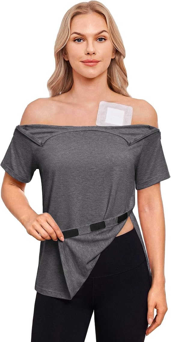 Deyeek Women's Shoulder Surgery Shirt Half Zip Tear Away Chemo Port Top | Shoulder Zips. Tearaway Sleeves. Side Closures. Easy Dressing. No Undressing. Port Access. Chemo. Dialysis. Surgery Care.