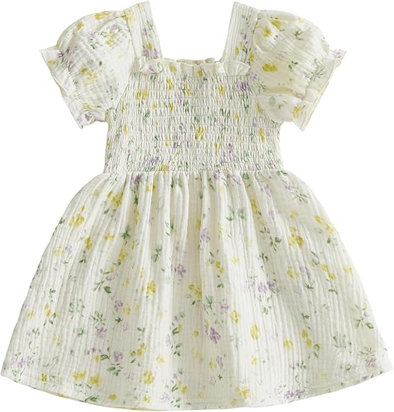 Toddler Kid Girls Summer Floral Print Dress Puff Short Sleeve Square Neck Smocked A-line Dresses Baby Clothes 1-5 Years