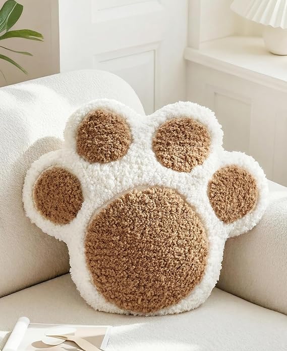 Paw Shaped Throw Pillow - Cute Decorative Plush Brown Animal Pillow for Couch, Sofa, or Living Room, 14.2" x 12.6" Soft Stuffed Dog Paw Cushion for Home Decor