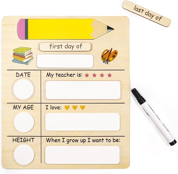 First Day of School Sign, First and Last Day of School Board with a Pen, 9.8 x 11.8 Inches Reusable Wooden Chalkboard Signs for Kindergarten, Preschool