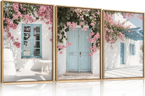 Spring Modern Greek Island Cityscape Framed Canvas Wall Art Set-24"x36"x3