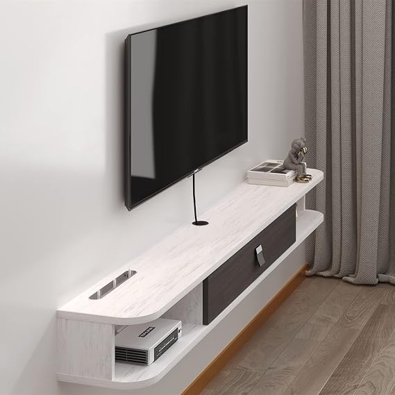 Pmnianhua Floating TV Unit, Wall Mounted TV Cabinet, Floating Shelves with Door, Modern Entertainment Media Console Center Large Storage TV Bench for Living Room & Office (160cm, Grey White)