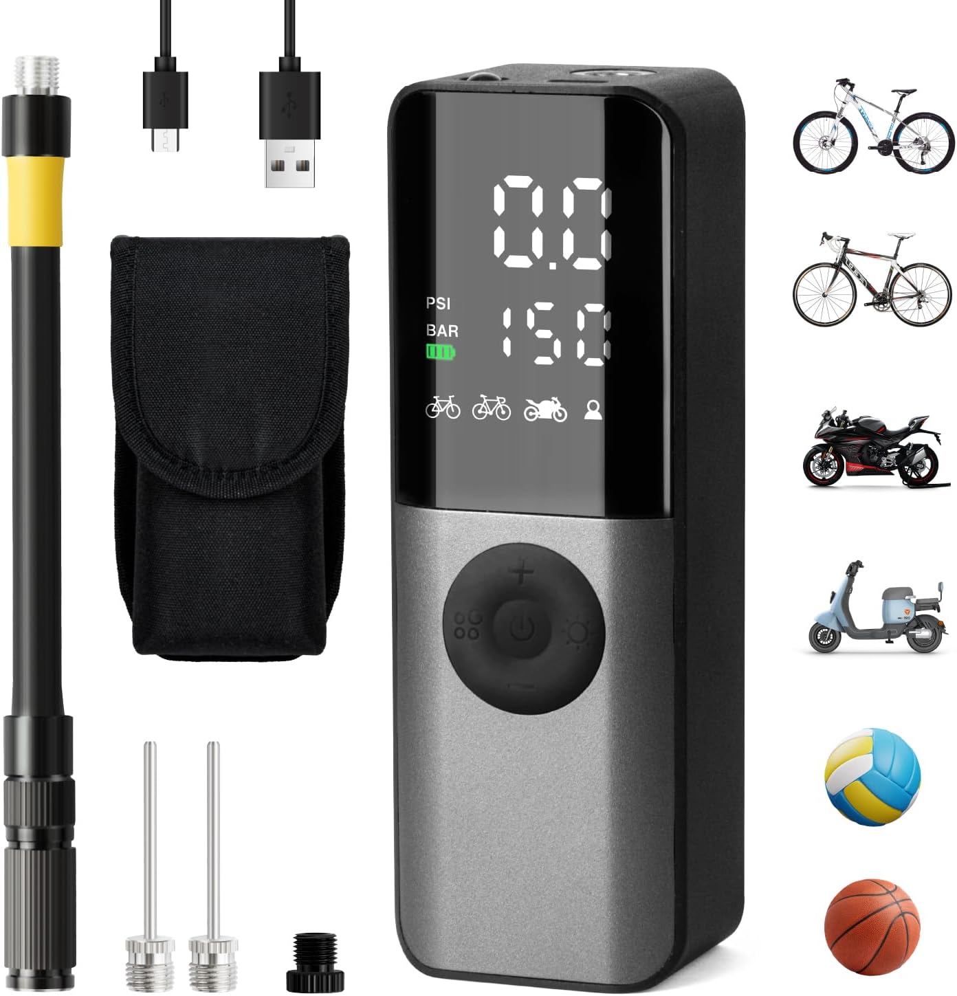 GPUTEK Fahrradpumpe Elektrische Mini Luftpumpe Fahrrad 130 PSI 150PSI mit Digitales Druckmessgerät Fahrradpumpen Elektrisch Aufladbar mit Ventilzubehör für Rennrad Mountainbike E-Bike