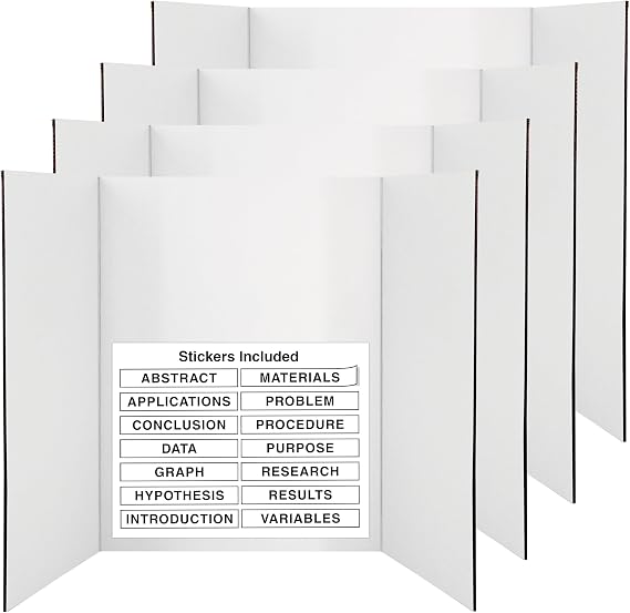 White Trifold Presentation Board 36" x 48" (Pack of 4) Self-Adhesive Science Subtitles included - Display Exhibition Board Lightweight and Portable with Smooth Surface - by Emraw